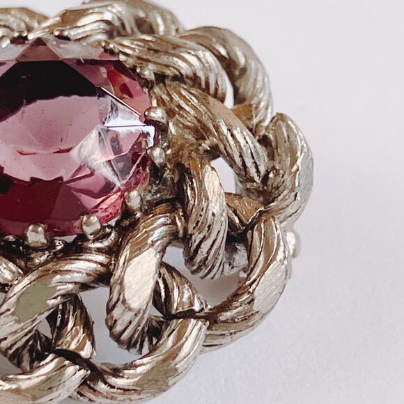 Vintage Mid Century Silver Tone Purple Glass Domed Rope Brooch 1950s 1960s - Picture 5 of 10